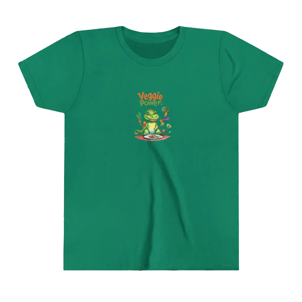 A green short-sleeve crewneck t-shirt with a colorful graphic on the chest showing a cartoon dinosaur or alligator and the text 'Veggie POWER'.