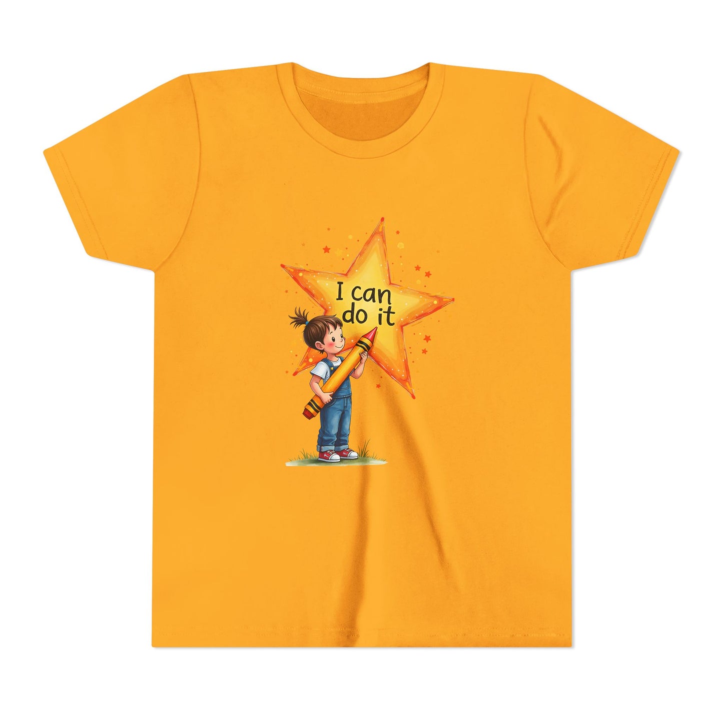 Gold t-shirt with a child holding a star and 'I can do it' text on a white background