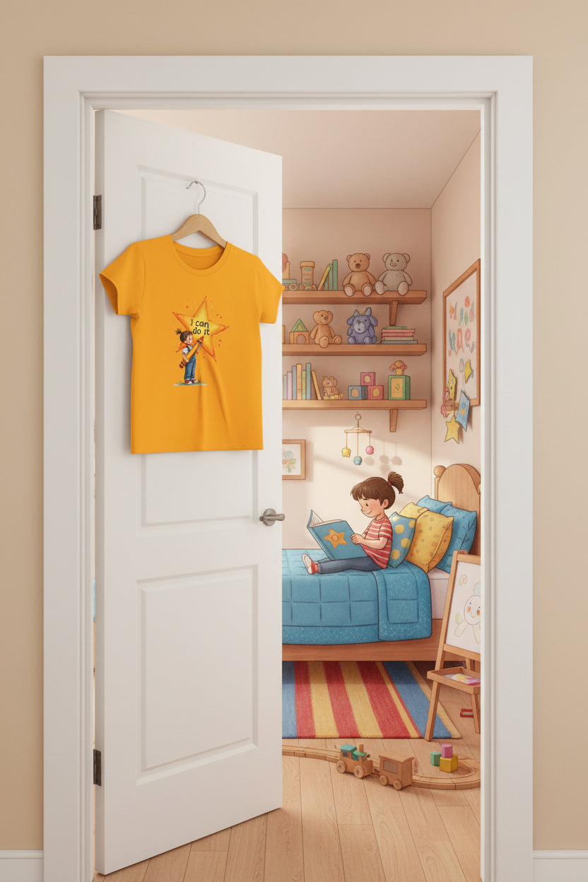 Gold t-shirt with a child holding a star and 'I can do it' text on a white background