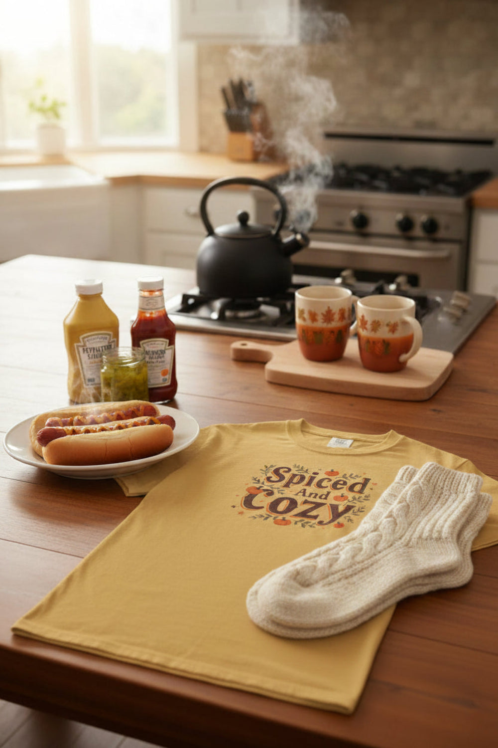 short-sleeve crewneck t-shirt featuring a 'Spiced And Cozy' graphic with pumpkins and autumn leaves on the chest, displayed