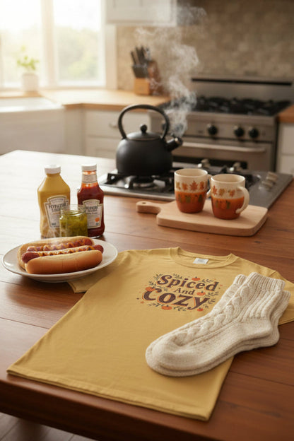 short-sleeve crewneck t-shirt featuring a 'Spiced And Cozy' graphic with pumpkins and autumn leaves on the chest, displayed