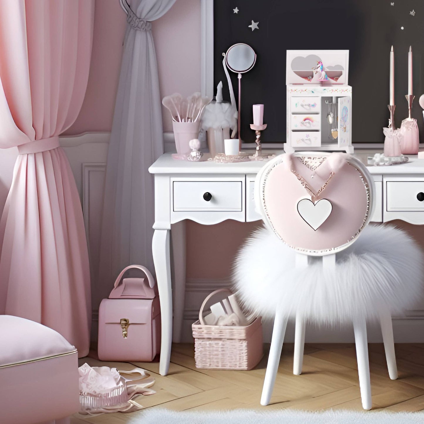 Pink and white bedroom with vanity table, chair, and decorative items.