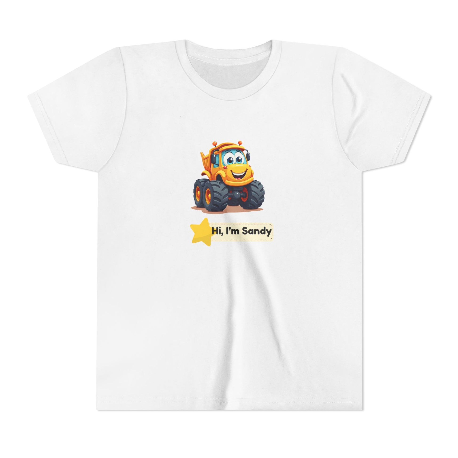 A white short-sleeve crewneck t-shirt featuring a cartoon graphic of a yellow construction vehicle with the text 'Hi, I'm Sandy' and a yellow star on the front.