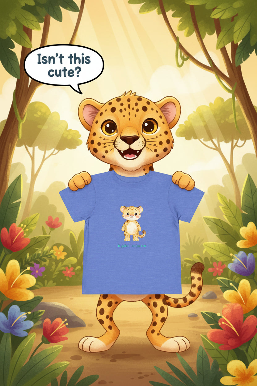 Blue t-shirt with a cartoon tiger design on a white background
