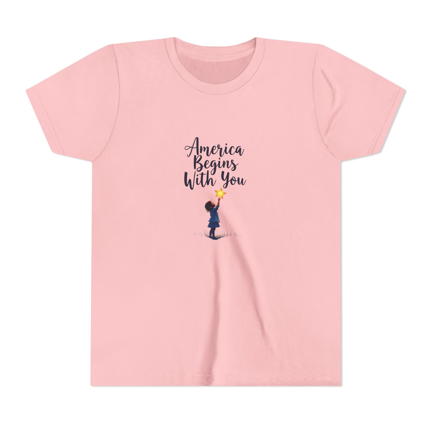 Pink t-shirt with 'America Begins With You' text and graphic on a white background