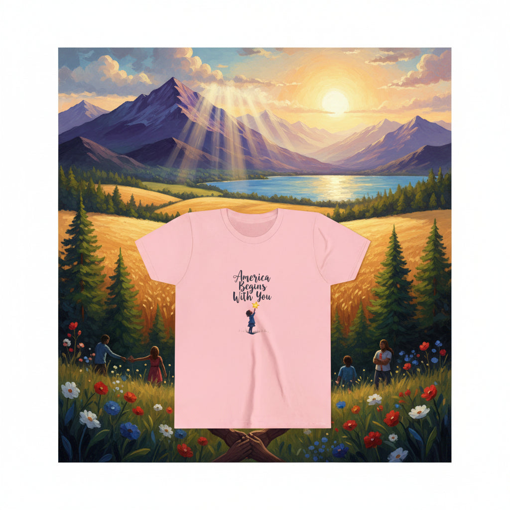 Pink t-shirt with 'America Begins With You' text and graphic on a white background