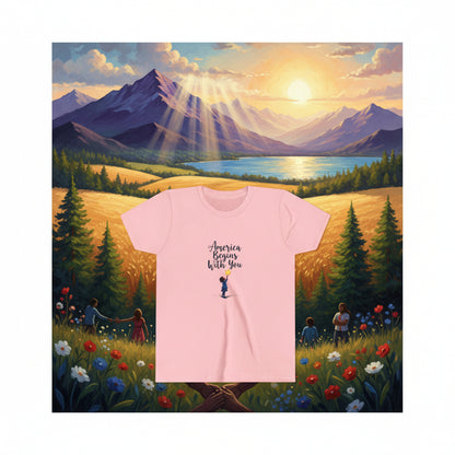 Pink t-shirt with 'America Begins With You' text and graphic on a white background
