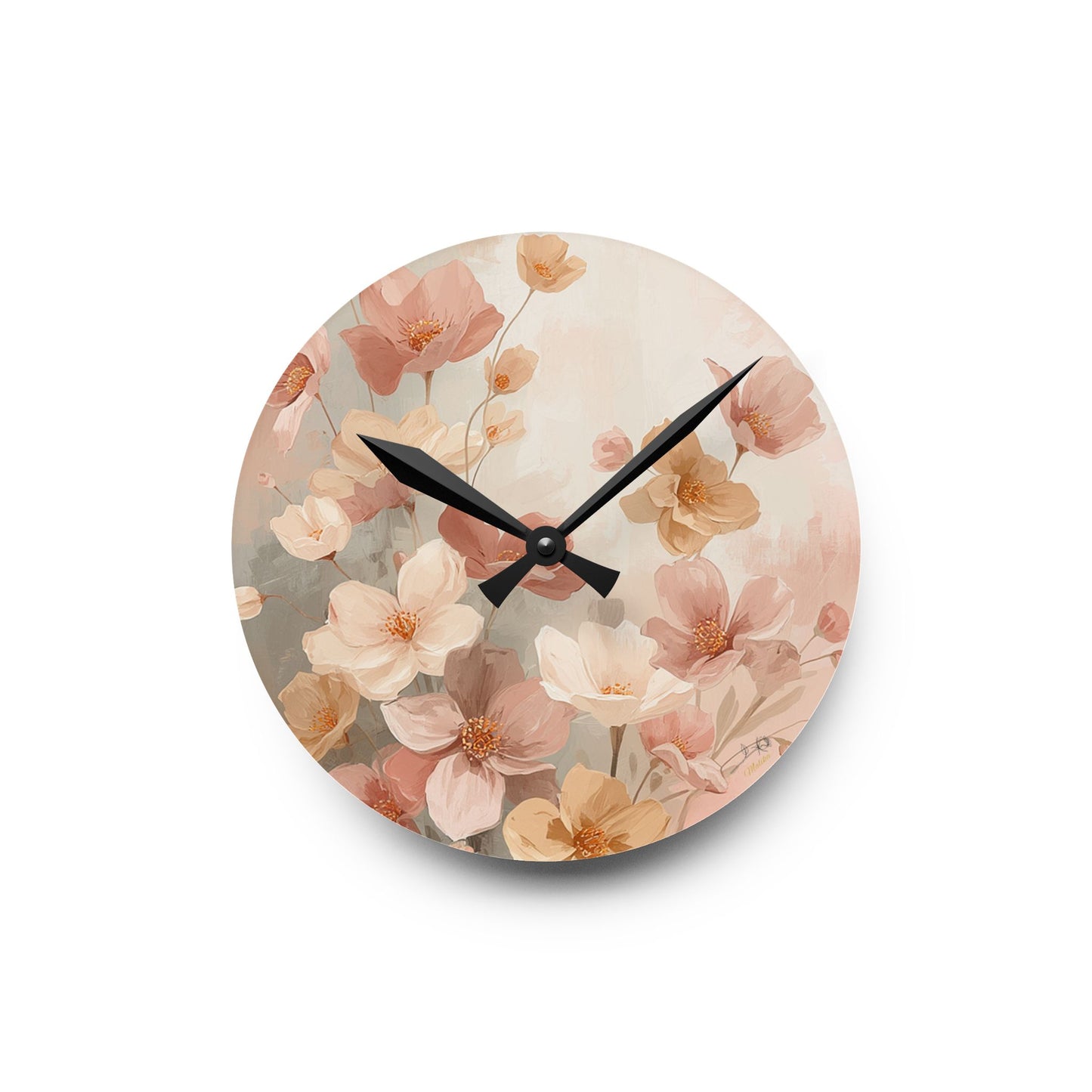 Round wall clock with floral design on a white background