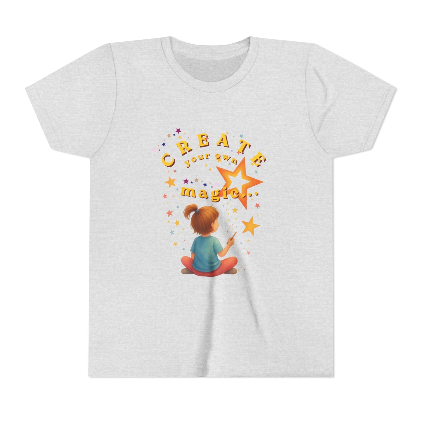 Ash t-shirt with a colorful graphic and text 'Create your own magic' on a white background