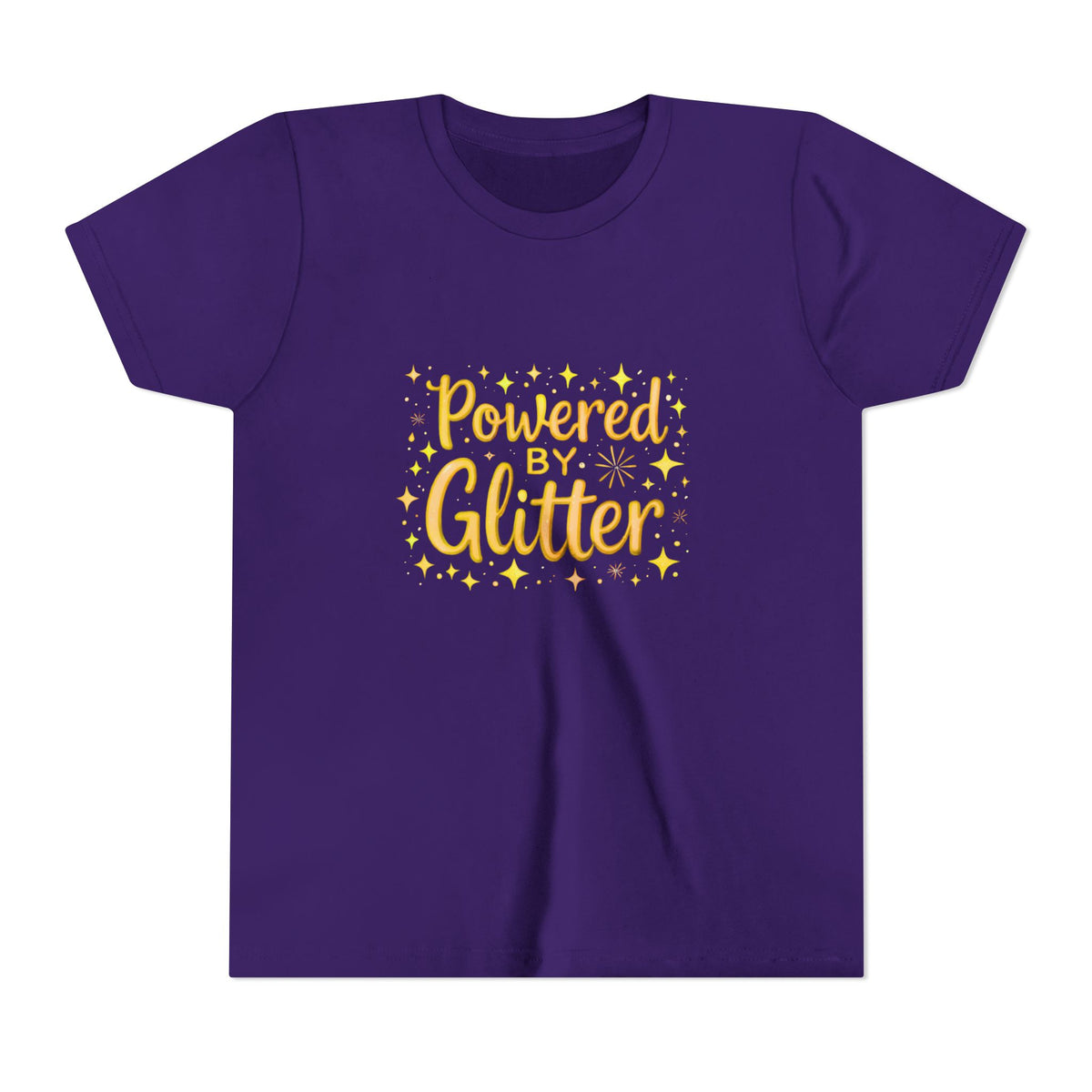 A purple short-sleeve crewneck t-shirt with a yellow graphic on the chest that reads 'Powered by Glitter' surrounded by small yellow stars.