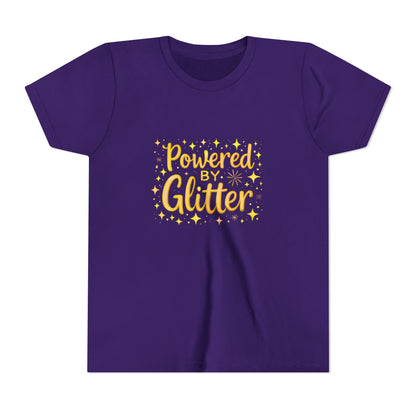 A purple short-sleeve crewneck t-shirt with a yellow graphic on the chest that reads 'Powered by Glitter' surrounded by small yellow stars.