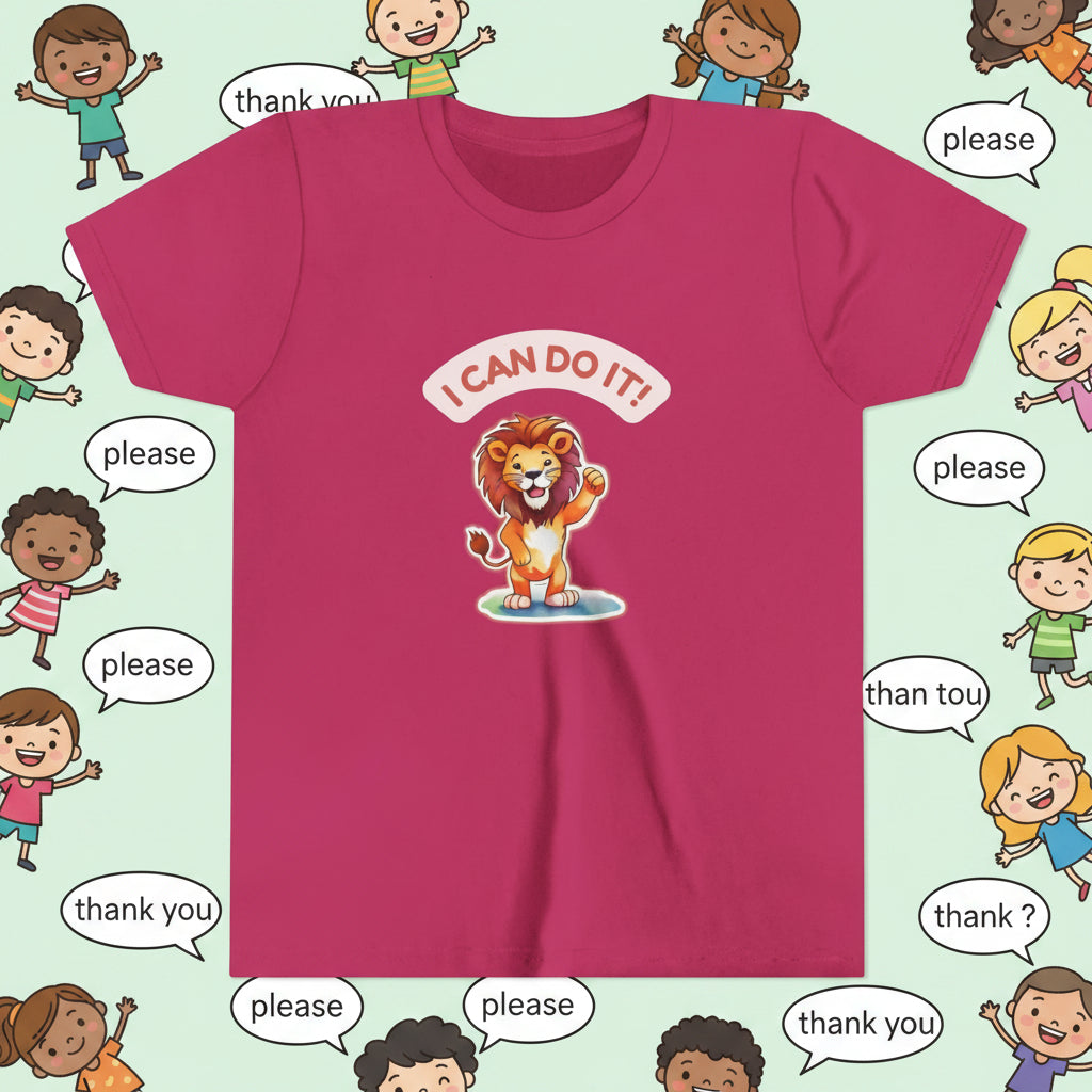 Pink t-shirt with a cartoon lion and 'I Can Do It!' "Please" and thank you" text on a mint background