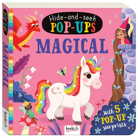 Children's book titled 'Hide-and-seek Pop-Ups Magical' with a unicorn and fairy design on a pink background.
