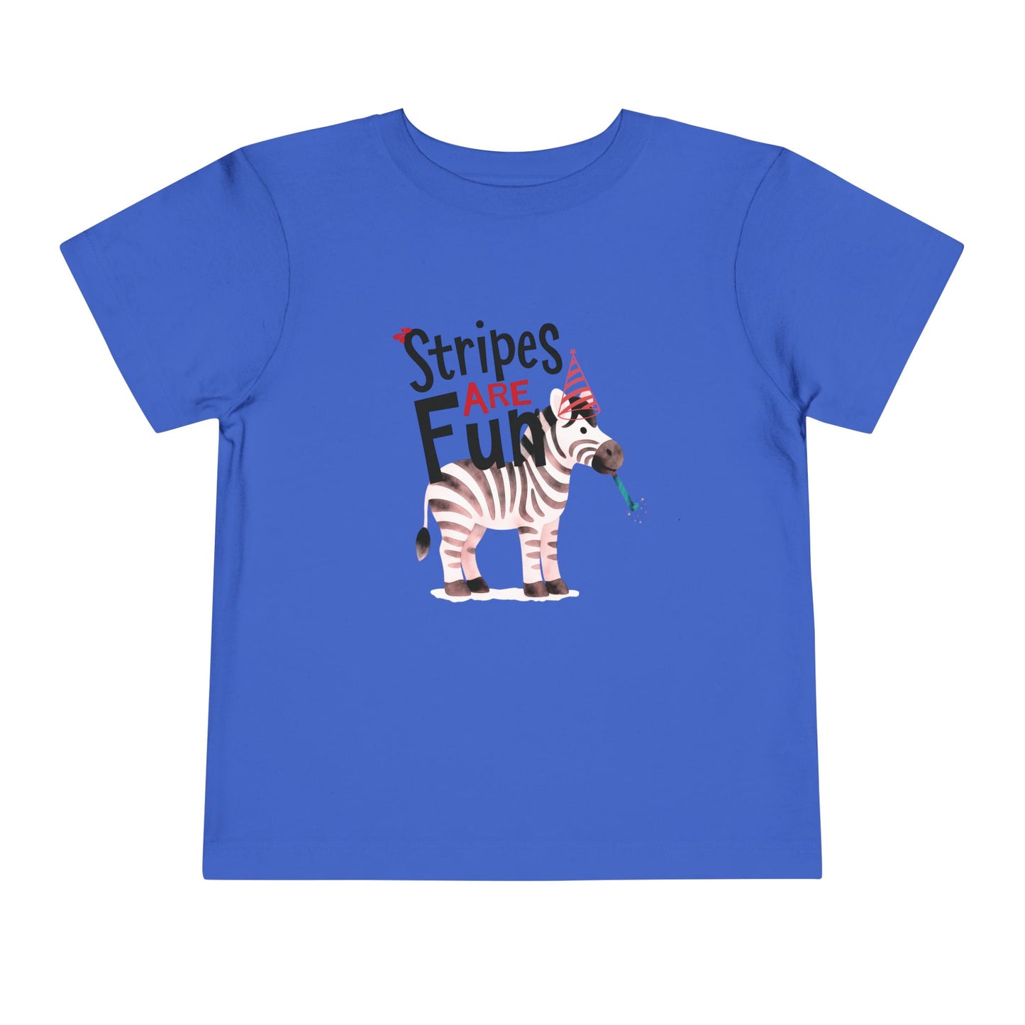 Whimsical zebra with party hat and blower under the words ‘Stripes Are FUN’ on a blue toddler tee.