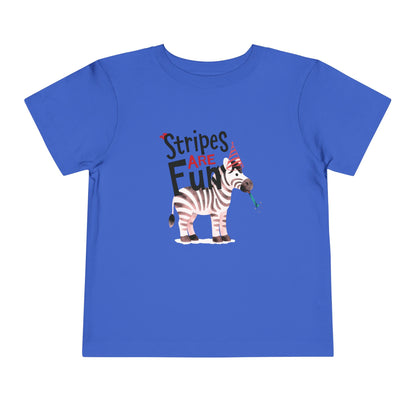 Whimsical zebra with party hat and blower under the words ‘Stripes Are FUN’ on a blue toddler tee.