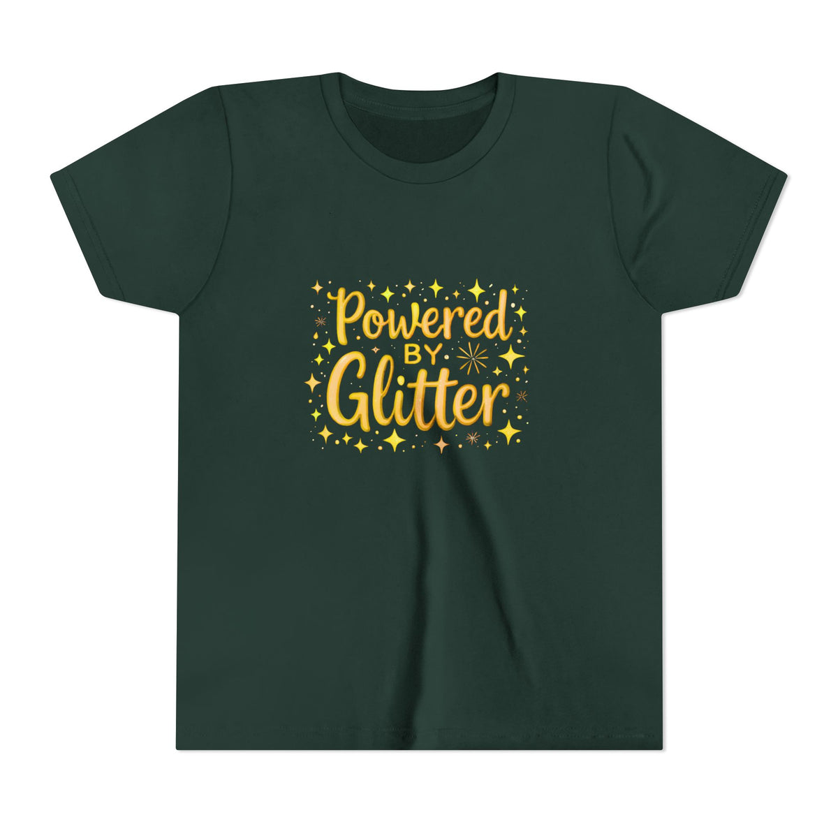 A dark forest green short-sleeve t-shirt with a graphic on the chest that reads 'Powered by Glitter' in yellow and orange lettering, surrounded by small yellow stars, on a plain white background.