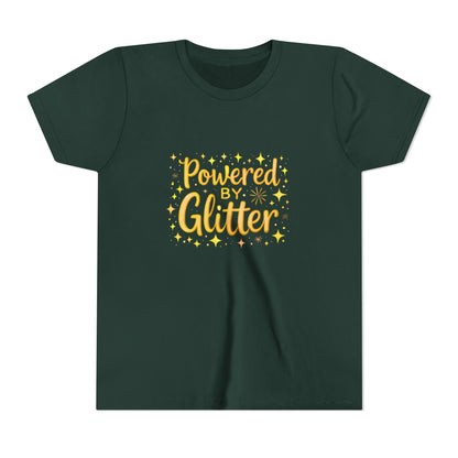 A dark forest green short-sleeve t-shirt with a graphic on the chest that reads 'Powered by Glitter' in yellow and orange lettering, surrounded by small yellow stars, on a plain white background.