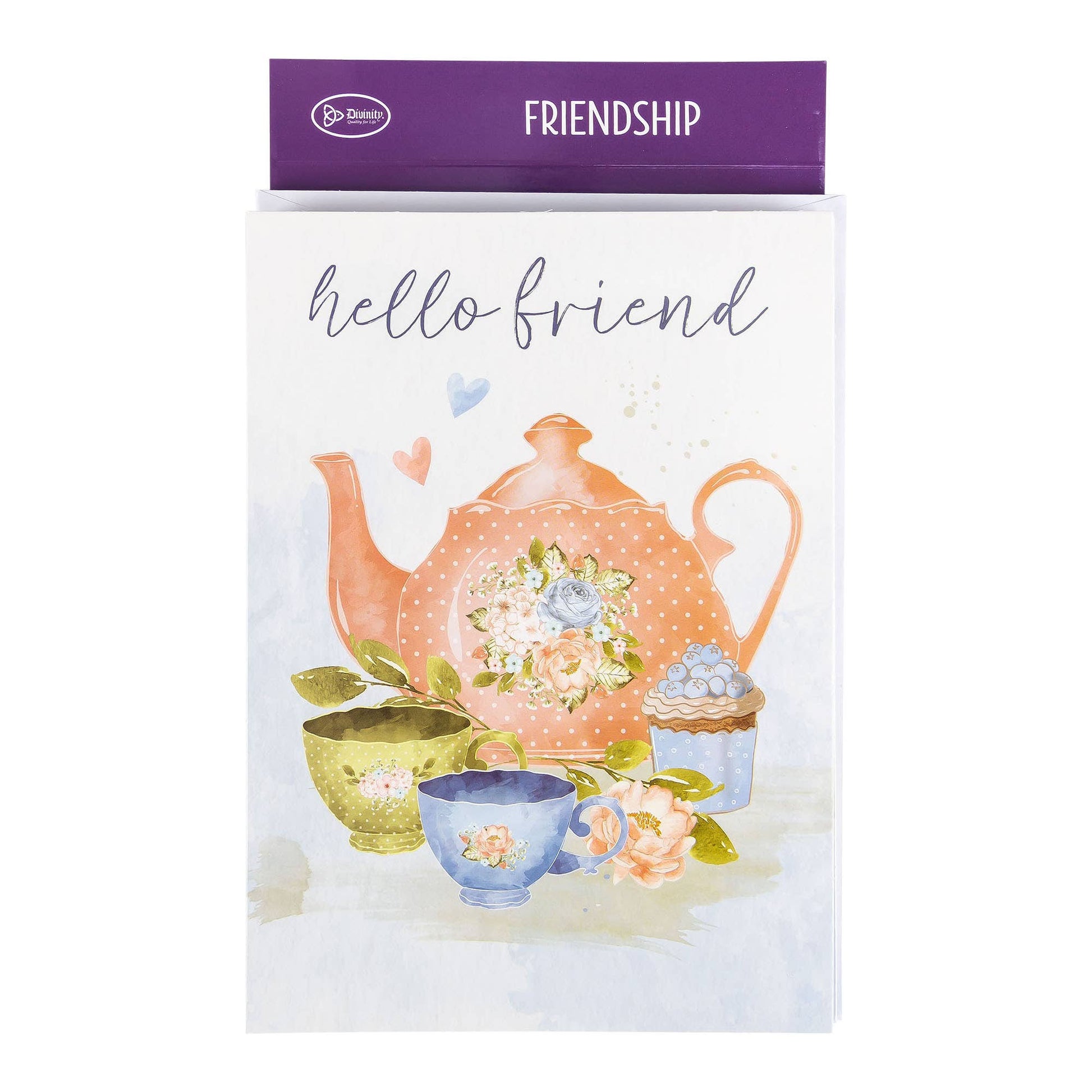 Greeting card with a teapot and cups design and 'hello friend' text on a white background.