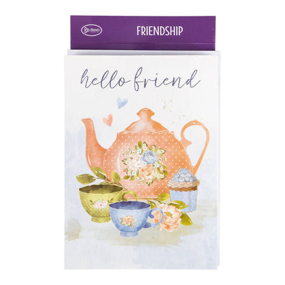 Greeting card with a teapot and cups design and 'hello friend' text on a white background.