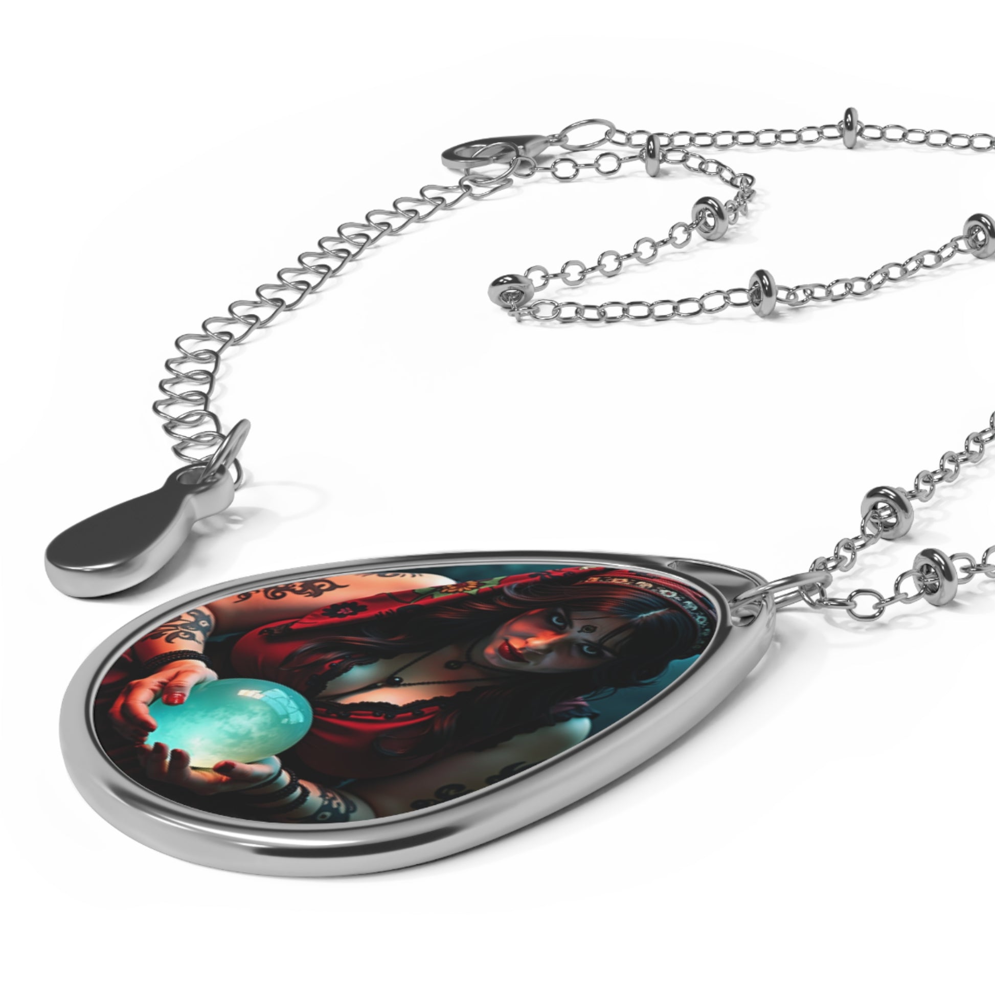 Teardrop-shaped pendant with a colorful design on a white background