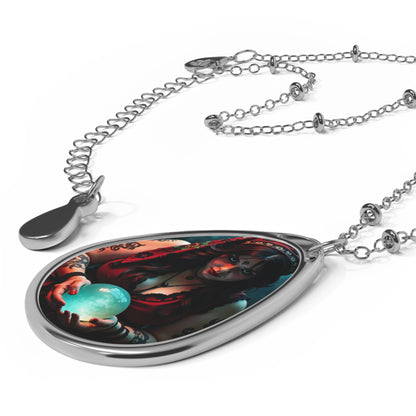 Teardrop-shaped pendant with a colorful design on a white background