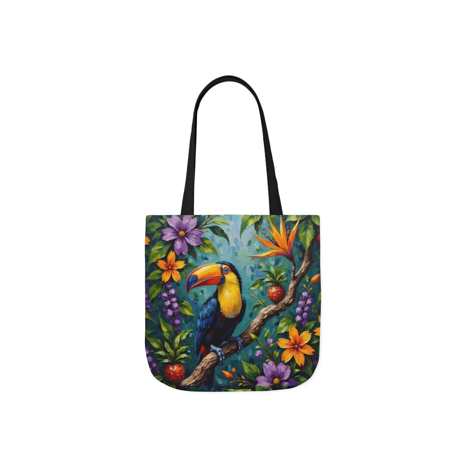 Tote bag with a toucan and floral design on a white background
