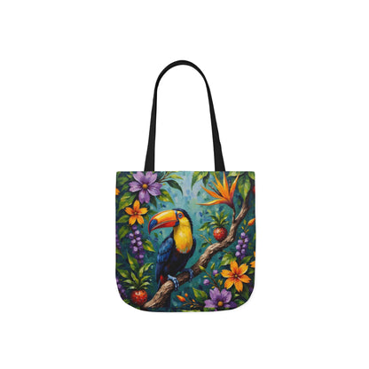 Tote bag with a toucan and floral design on a white background