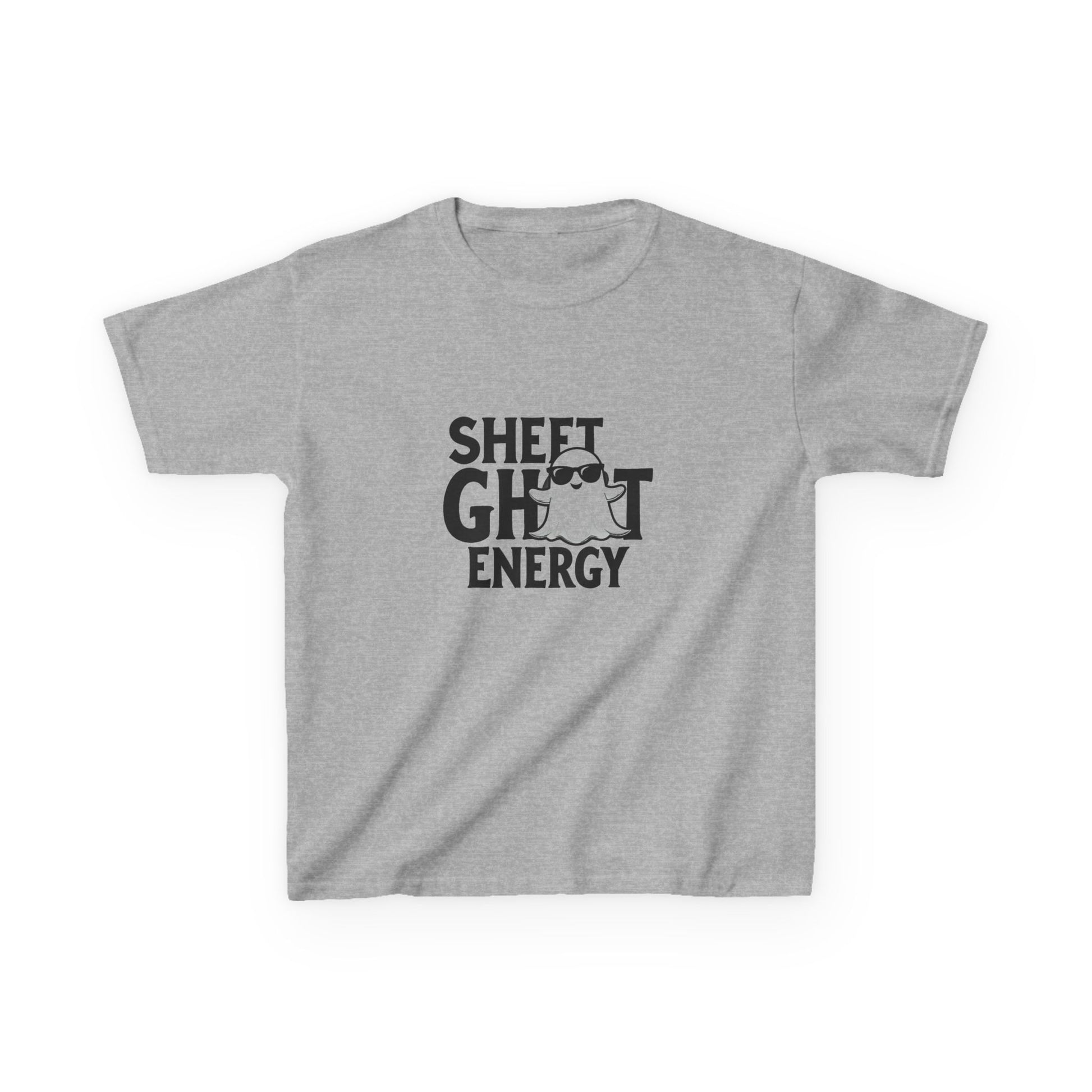 A heather gray short-sleeve t-shirt with a black graphic print on the front that reads 'SHEET GHOST ENERGY' with a small ghost illustration, displayed on a clean white background.