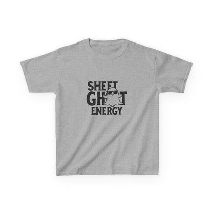 A heather gray short-sleeve t-shirt with a black graphic print on the front that reads 'SHEET GHOST ENERGY' with a small ghost illustration, displayed on a clean white background.
