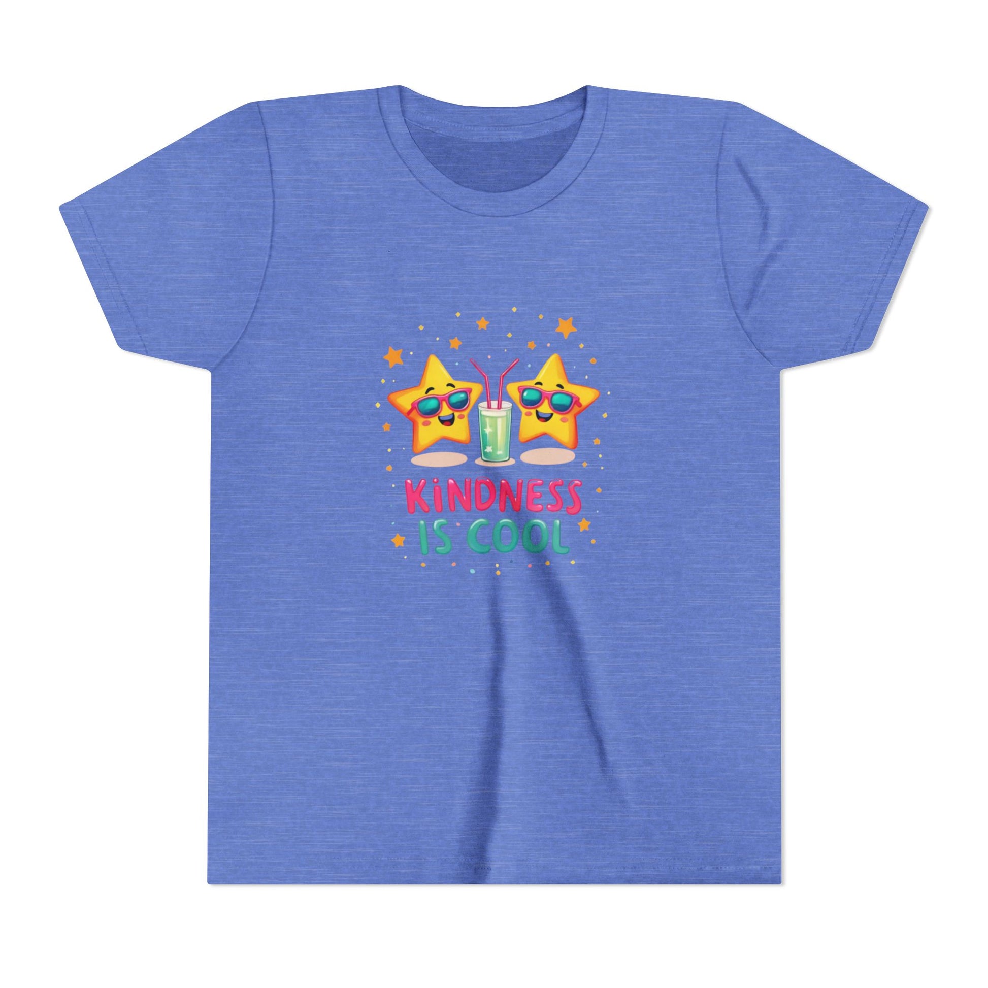 Blue t-shirt with a graphic of two stars and the text 'Kindness is Cool' on a white background