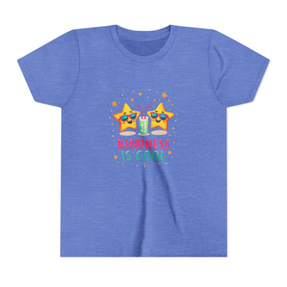 Blue t-shirt with a graphic of two stars and the text 'Kindness is Cool' on a white background
