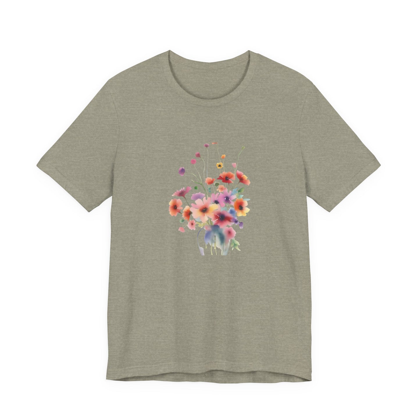 Green t-shirt with a colorful floral design on a white background