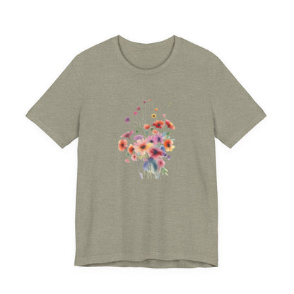Green t-shirt with a colorful floral design on a white background
