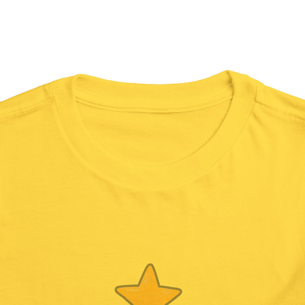Close-up of a bright yellow crewneck t-shirt showing the inner collar and a small yellow star graphic outlined in dark gray at the bottom center.