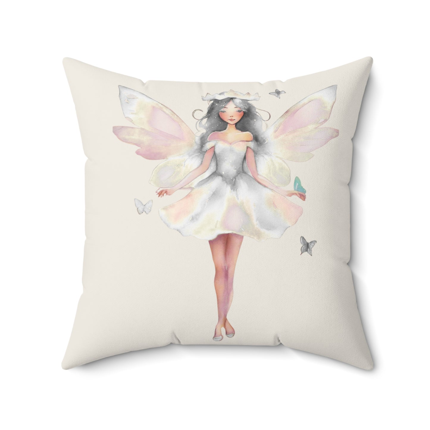 Cream Decorative pillow with a white fairy design on a white background