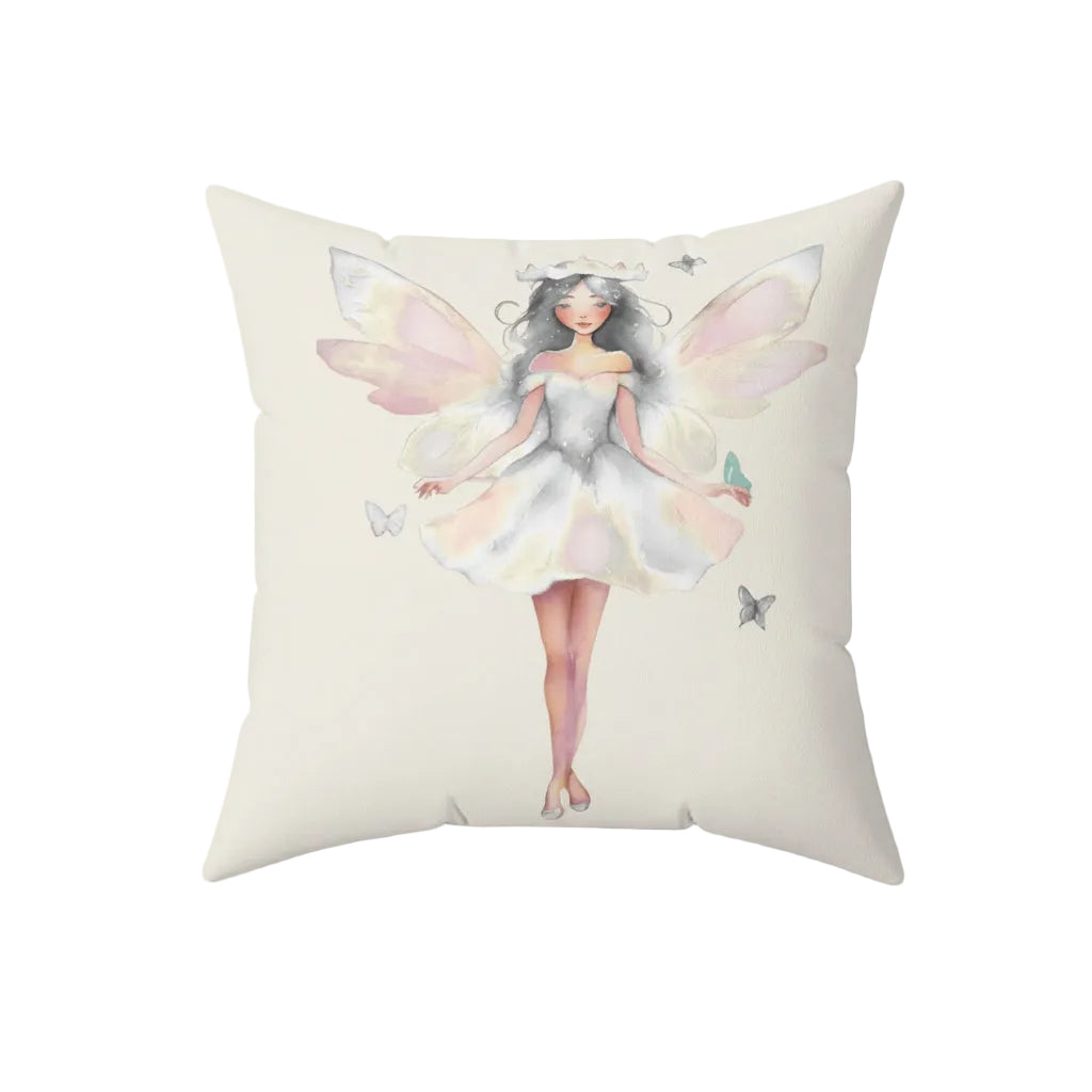 Cream Decorative pillow with a white fairy design on a white background