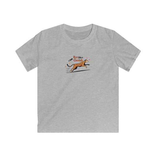 Gray t-shirt with text 'I cna run like a cheetah' on a white background