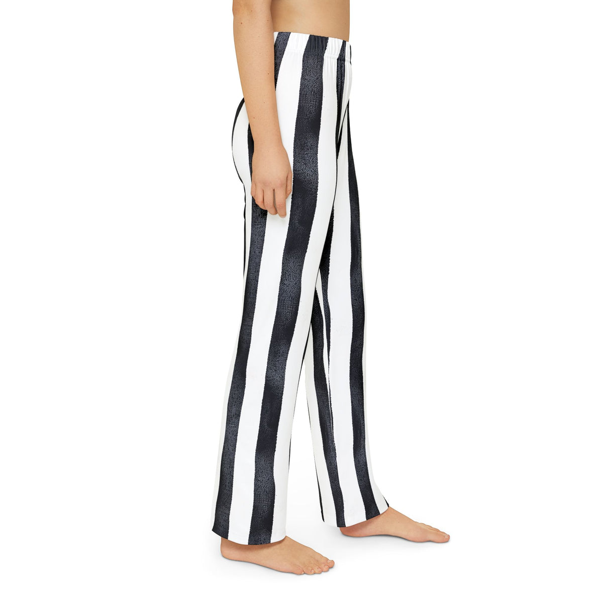 Kids black‑and‑white striped pants with a slight wiggle pattern for a playful pirate look.