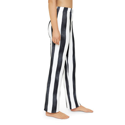 Kids black‑and‑white striped pants with a slight wiggle pattern for a playful pirate look.
