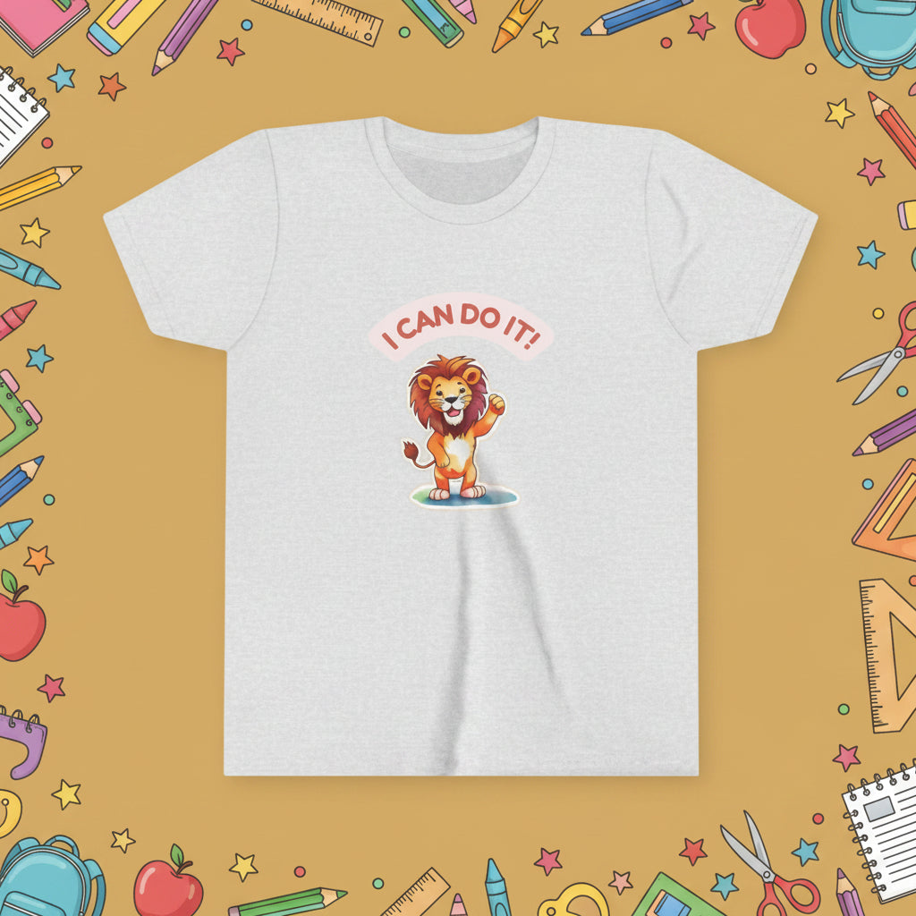 ahs gre  t-shirt with a cartoon lion and 'I Can Do It!' text on a school theme background