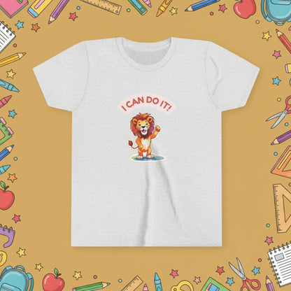 ahs gre  t-shirt with a cartoon lion and 'I Can Do It!' text on a school theme background