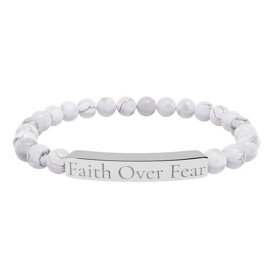 Engraved Natural Stone Bar Bracelet – 'Faith Over Fear' Stretch Beaded Bracelet