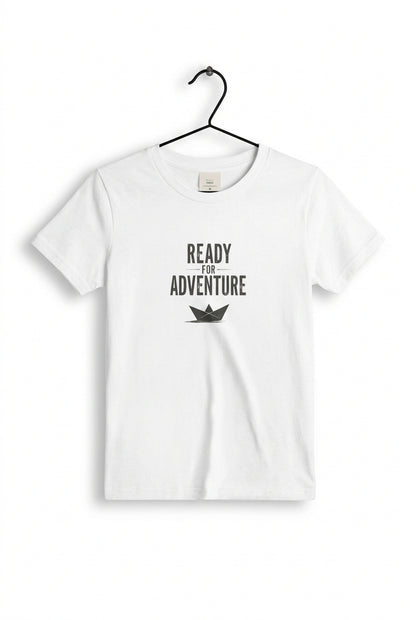 Kids white T‑shirt with bold black “Ready for Adventure” text and a small paper boat graphic.