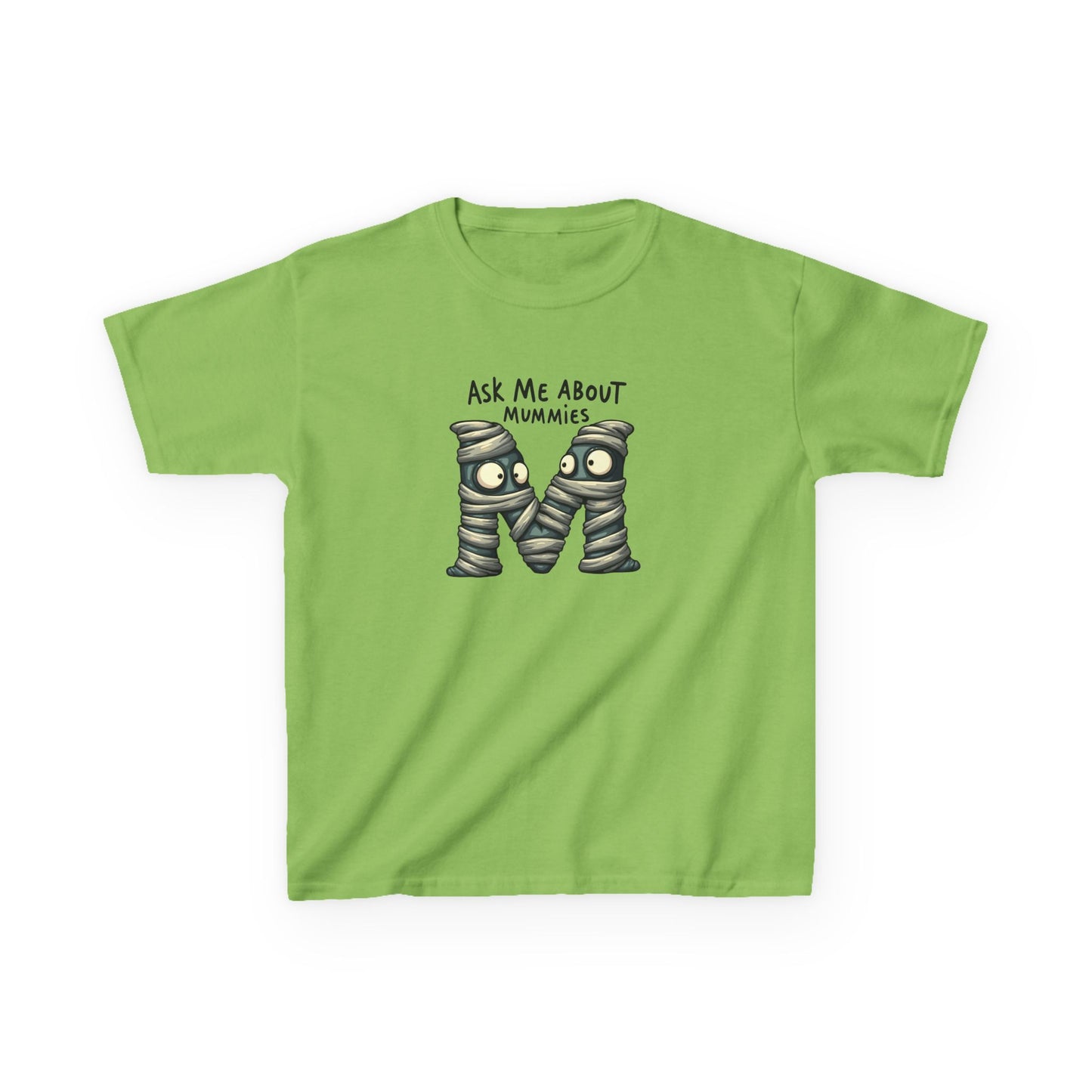 A lime short-sleeve kids' t-shirt with a graphic of two cartoon mummies and the text 'ASK ME ABOUT MUMMIES' printed on the chest, displayed on a clean white background.