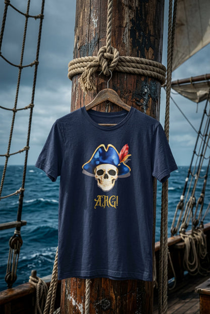 Kids navy T‑shirt with a pirate skull wearing a blue hat and red feather, with “ARG!” in yellow text.
