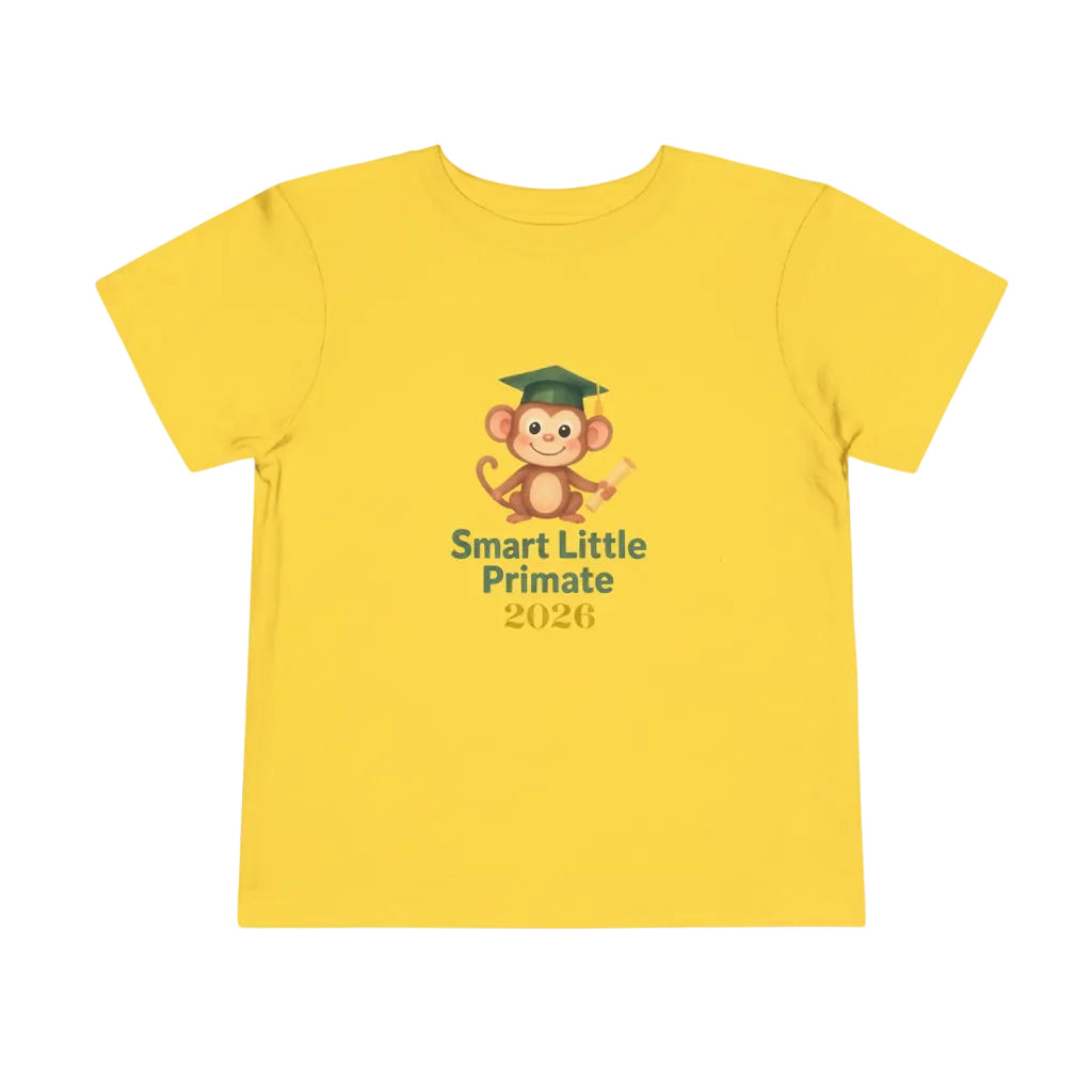 YellowToddler T‑shirt with a cheerful monkey wearing a graduation cap and holding a diploma, with the text ‘Smart Little Primate 2026" on the front.