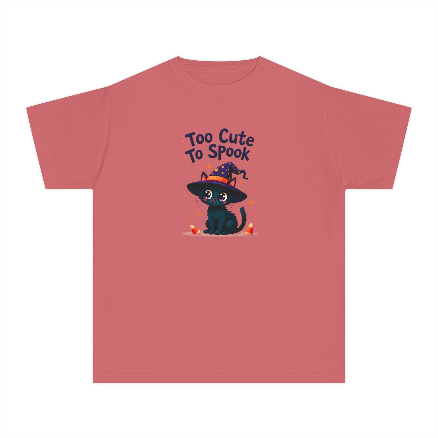 A dusty rose pink short-sleeve t-shirt with a graphic of a cute black cat wearing a witch hat and the text 'Too Cute To Spook' printed on the chest, displayed on a solid white background.