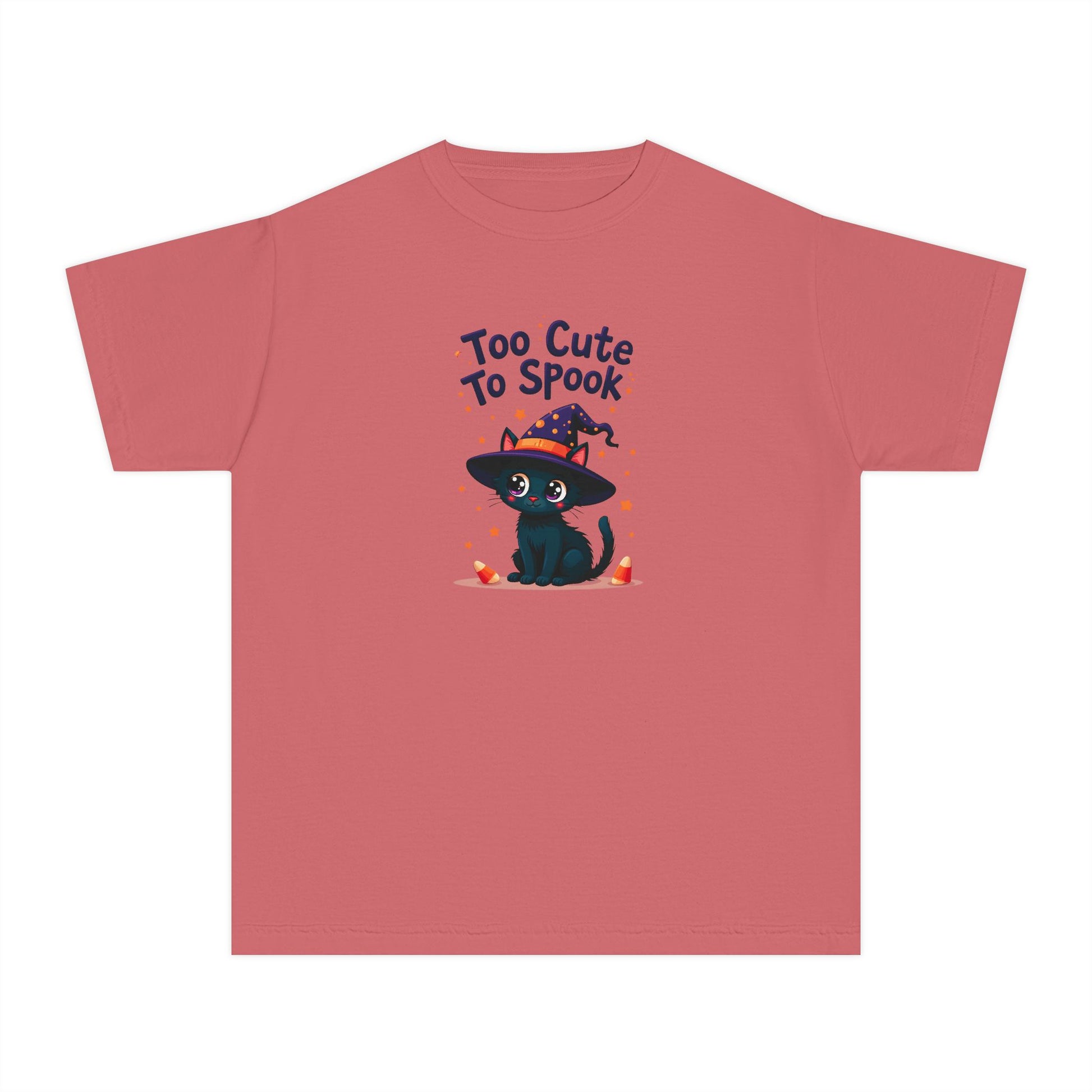 A dusty rose pink short-sleeve t-shirt with a graphic of a cute black cat wearing a witch hat and the text 'Too Cute To Spook' printed on the chest, displayed on a solid white background.
