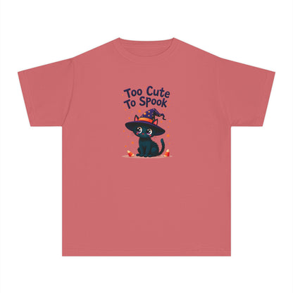 A dusty rose pink short-sleeve t-shirt with a graphic of a cute black cat wearing a witch hat and the text 'Too Cute To Spook' printed on the chest, displayed on a solid white background.