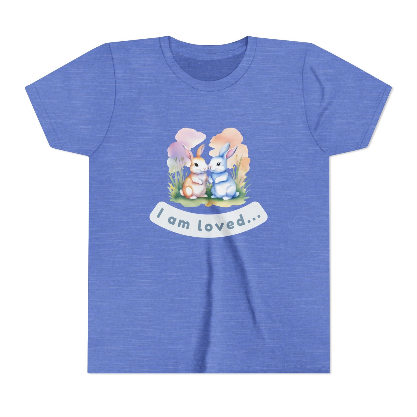 Blue t-shirt with cartoon bunnies and 'I am loved' text on a white background